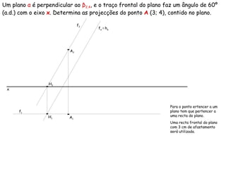 Um plano  α   é perpendicular ao  β 2,4 , e o traço frontal do plano faz um ângulo de 60º (a.d.) com o eixo  x . Determina as projecções do ponto  A  (3; 4), contido no plano.  Para o ponto ertencer a um plano tem que pertencer a uma recta do plano. Uma recta frontal do plano com 3 cm de afastamento será utilizada. f α  ≡   h α f 1   f 2   x A 1 A 2 H 1 H 2 