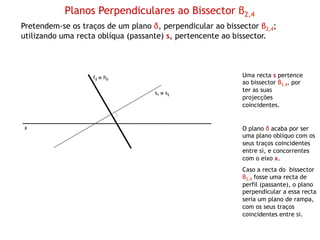 Planos Perpendiculares ao Bissector β2,4
Pretendem-se os traços de um plano δ, perpendicular ao bissector β2,4;
utilizando uma recta oblíqua (passante) s, pertencente ao bissector.




                   fδ ≡ hδ                                  Uma recta s pertence
                                                            ao bissector β2,4, por
                                    s1 ≡ s2
                                                            ter as suas
                                                            projecções
                                                            coincidentes.


x                                                           O plano δ acaba por ser
                                                            uma plano oblíquo com os
                                                            seus traços coincidentes
                                                            entre si, e concorrentes
                                                            com o eixo x.
                                                            Caso a recta do bissector
                                                            β2,4 fosse uma recta de
                                                            perfil (passante), o plano
                                                            perpendicular a essa recta
                                                            seria um plano de rampa,
                                                            com os seus traços
                                                            coincidentes entre si.
 