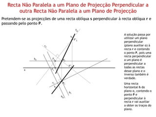 Recta Não Paralela a um Plano de Projecção Perpendicular a
        outra Recta Não Paralela a um Plano de Projecção
Pretendem-se as projecções de uma recta oblíqua s perpendicular à recta oblíqua r e
passando pelo ponto P.
                                                fα
                                                                   A solução passa por
                                          s2
                                                                   utilizar um plano
                                               F’2
                                                                   perpendicular
                       r2                                          (plano auxiliar α) à
                                                                   recta r e contendo
                                                                   o ponto P, pois uma
                                                                   recta perpendicular
                  h2        F2      P2                             a um plano é
                                                                   perpendicular a
                                         F’1
                                                                   todas as rectas
            x               F1
                                                                   desse plano e o
                                                                   inverso também é
                                                                   verdade.
                            r1      P1                             Uma recta
                              s1                                   horizontal h do
                                         h1
                                                                   plano α, contendo o
                                                                   ponto P e
                                   hα
                                                                   perpendicular à
                                                                   recta r vai auxiliar
                                                                   a obter os traços do
                                                                   plano.
 