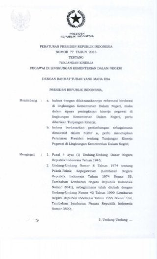 Perpres  Nomor  77 Tahun 2013 Tentang tunjangan kinerja pegawai  di kemendagri