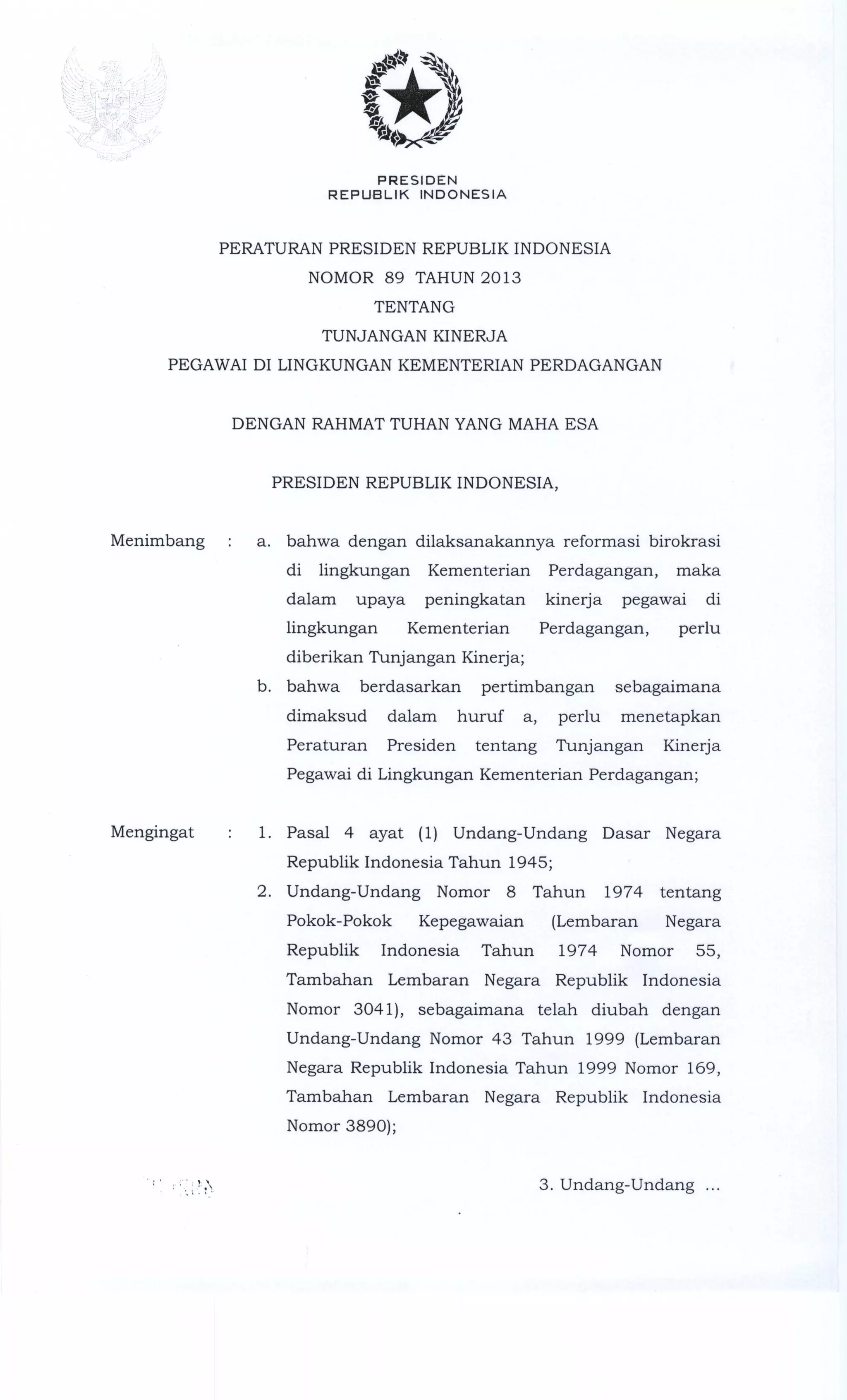 Perpres nomor 89 tahun 2013 tentang tunjangan kinerja kementerian