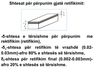 Shtesat për përpunim gjatë retifikimit:

-δ-shtesa e tërsishme për përpunim
me
rektifikim (retifikim),
-δv-shtesa për retifikim të vrazhdë (0.020.03mm)-afro 80% e shtesës së tërsishme,
δf-shtesa për retifikim final (0.002-0.003mm)afro 20% e shtesës së tërsishme.

 