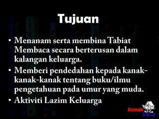 DefinasiPerpustakaankeluargadidefinasikansebagairuang, sudut, bilik yang menmpatkanbahanbacaanrujukansepertibuku, majalah, akhbardanbahaneletroniksepertikomputer, television, alatrakamankasetatau video.