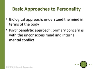 Basic Approaches to Personality
• Biological approach: understand the mind in
terms of the body
• Psychoanalytic approach: primary concern is
with the unconscious mind and internal
mental conflict

© 2013 W. W. Norton & Company, Inc.

7

 