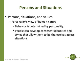 Persons and Situations
• Persons, situations, and values
– Personality’s view of human nature
• Behavior is determined by personality.
• People can develop consistent identities and
styles that allow them to be themselves across
situations.

25
© 2013 W. W. Norton & Company, Inc.

 