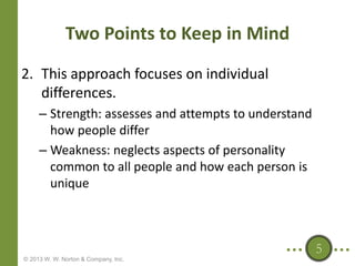 Two Points to Keep in Mind
2. This approach focuses on individual
differences.
– Strength: assesses and attempts to understand
how people differ
– Weakness: neglects aspects of personality
common to all people and how each person is
unique

5
© 2013 W. W. Norton & Company, Inc.

 