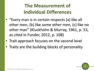 The Measurement of
Individual Differences
• “Every man is in certain respects (a) like all
other men, (b) like some other men, (c) like no
other man” (Kluckhohn & Murray, 1961, p. 53,
as cited in Funder, 2012, p. 108)
• Trait approach focuses on the second level
• Traits are the building blocks of personality

6
© 2013 W. W. Norton & Company, Inc.

 