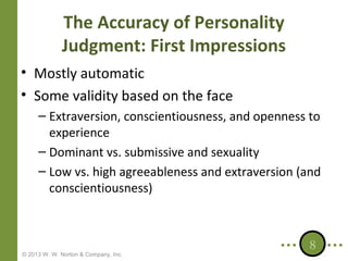 The Accuracy of Personality
Judgment: First Impressions
• Mostly automatic
• Some validity based on the face
– Extraversion, conscientiousness, and openness to
experience
– Dominant vs. submissive and sexuality
– Low vs. high agreeableness and extraversion (and
conscientiousness)

© 2013 W. W. Norton & Company, Inc.

8

 