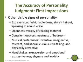 The Accuracy of Personality
Judgment: First Impressions
• Other visible signs of personality
– Extraversion: fashionable dress, stylish haircut,
speaking in a loud voice
– Openness: variety of reading material
– Conscientiousness: neatness of bedroom
– Musical preferences: inventive, imaginative,
tolerant, and liberal; curious, risk-taking, and
physically attractive
– Handshakes: extraversion and emotional
expressiveness; shyness and anxiety
© 2013 W. W. Norton & Company, Inc.

9

 