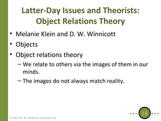 Latter-Day Issues and Theorists:
Object Relations Theory
• Melanie Klein and D. W. Winnicott
• Objects
• Object relations theory
– We relate to others via the images of them in our
minds.
– The images do not always match reality.

© 2013 W. W. Norton & Company, Inc.

18

 