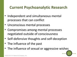 Current Psychoanalytic Research
• Independent and simultaneous mental
processes that can conflict
• Unconscious mental processes
• Compromises among mental processes
negotiated outside of consciousness
• Self-defensive thoughts and self-deception
• The influence of the past
• The influence of sexual or aggressive wishes
© 2013 W. W. Norton & Company, Inc.

23

 