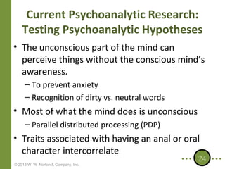 Current Psychoanalytic Research:
Testing Psychoanalytic Hypotheses
• The unconscious part of the mind can
perceive things without the conscious mind’s
awareness.
– To prevent anxiety
– Recognition of dirty vs. neutral words

• Most of what the mind does is unconscious
– Parallel distributed processing (PDP)

• Traits associated with having an anal or oral
character intercorrelate
© 2013 W. W. Norton & Company, Inc.

24

 