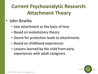 Current Psychoanalytic Research:
Attachment Theory
• John Bowlby
– Saw attachment as the basis of love
– Based on evolutionary theory
– Desire for protection leads to attachments
– Based on childhood experiences
– Lessons learned by the child from early
experiences with adult caregivers

© 2013 W. W. Norton & Company, Inc.

26

 