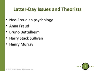 Latter-Day Issues and Theorists
•
•
•
•
•

Neo-Freudian psychology
Anna Freud
Bruno Bettelheim
Harry Stack Sullivan
Henry Murray

© 2013 W. W. Norton & Company, Inc.

5

 