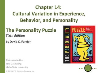 Chapter 14:
Cultural Variation in Experience,
Behavior, and Personality
The Personality Puzzle
Sixth Edition

by David C. Funder

Slides created by
Tera D. Letzring
Idaho State University
© 2013 W. W. Norton & Company, Inc.

1

 
