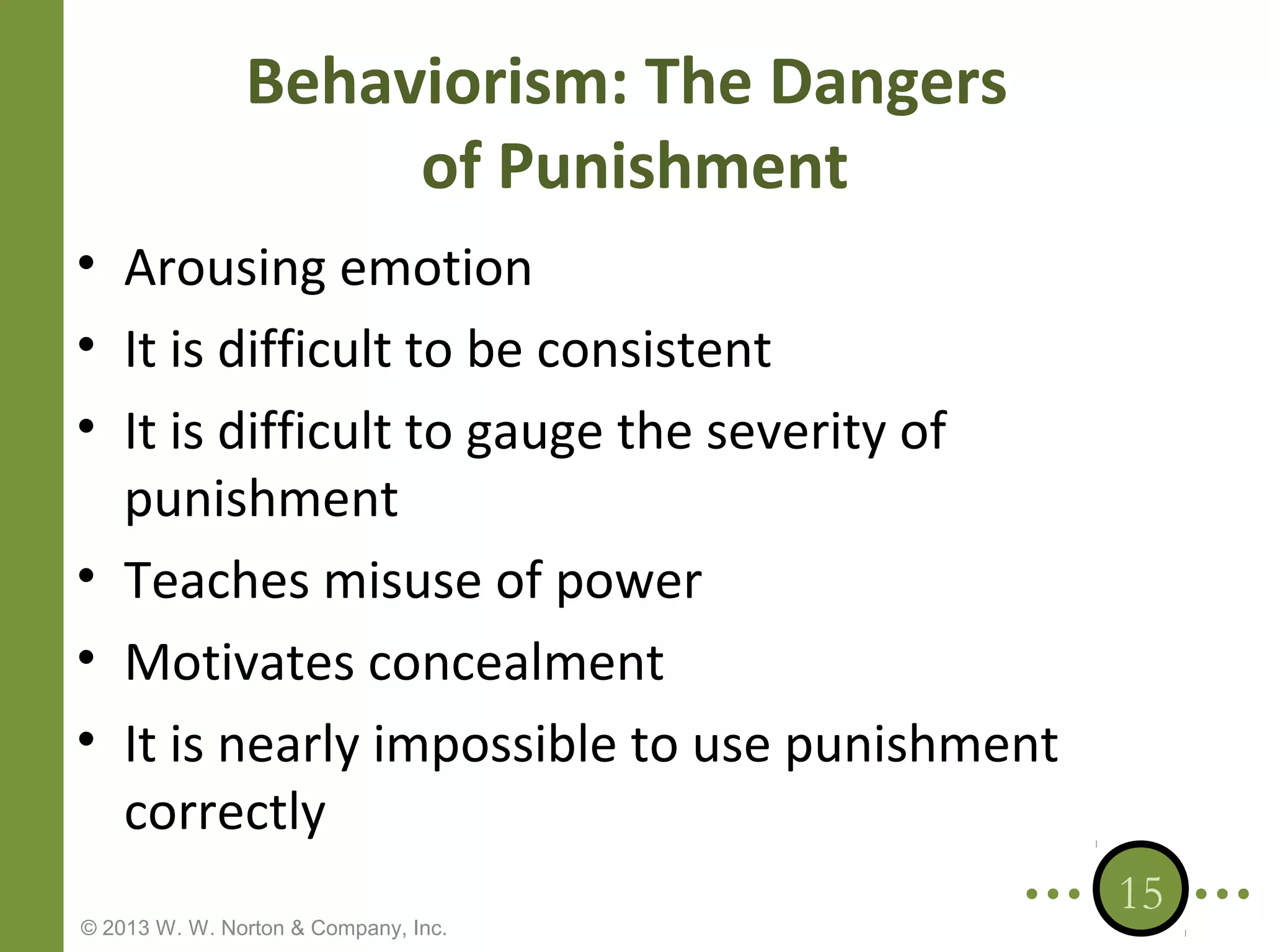 Behaviorism: The Dangers
of Punishment
• Arousing emotion
• It is difficult to be consistent
• It is difficult to gauge the severity of
punishment
• Teaches misuse of power
• Motivates concealment
• It is nearly impossible to use punishment
correctly
© 2013 W. W. Norton & Company, Inc.

15

 
