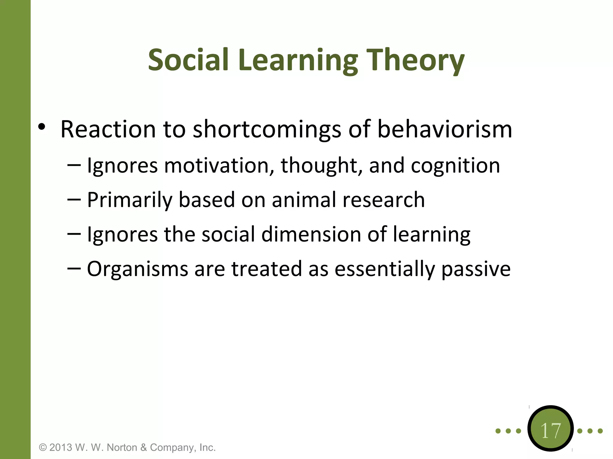 Social Learning Theory
• Reaction to shortcomings of behaviorism
– Ignores motivation, thought, and cognition
– Primarily based on animal research
– Ignores the social dimension of learning
– Organisms are treated as essentially passive

© 2013 W. W. Norton & Company, Inc.

17

 