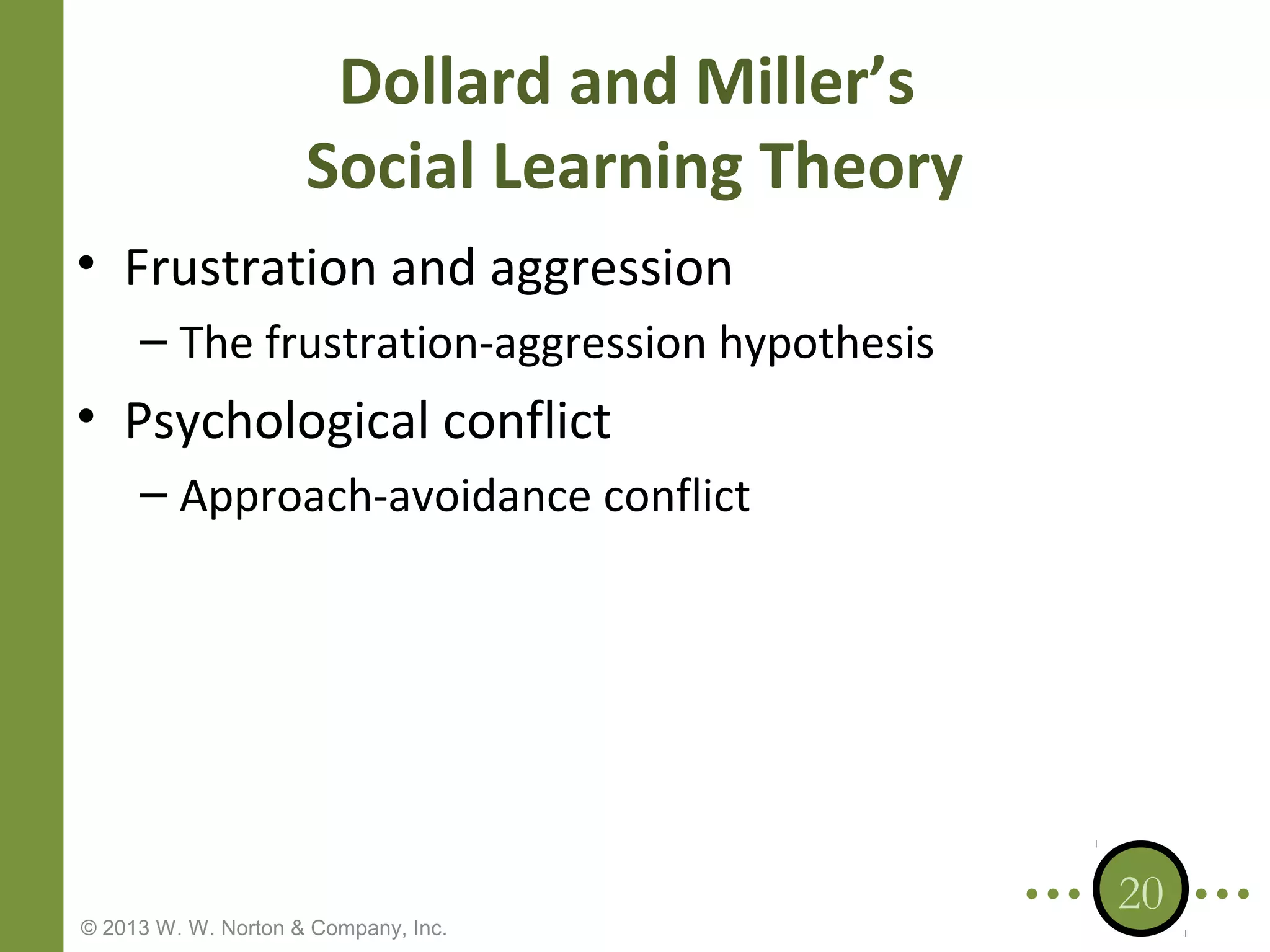 Dollard and Miller’s
Social Learning Theory
• Frustration and aggression
– The frustration-aggression hypothesis

• Psychological conflict
– Approach-avoidance conflict

© 2013 W. W. Norton & Company, Inc.

20

 