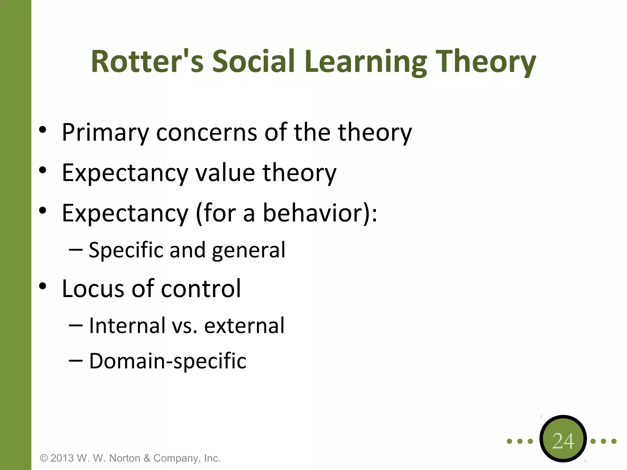 Rotter's Social Learning Theory
• Primary concerns of the theory
• Expectancy value theory
• Expectancy (for a behavior):
– Specific and general

• Locus of control
– Internal vs. external
– Domain-specific

© 2013 W. W. Norton & Company, Inc.

24

 