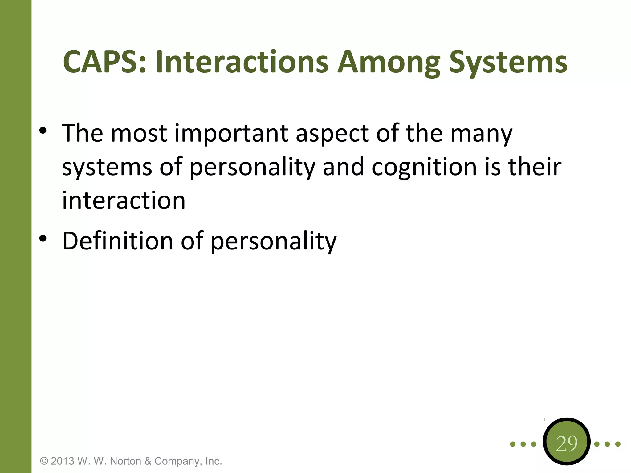CAPS: Interactions Among Systems
• The most important aspect of the many
systems of personality and cognition is their
interaction
• Definition of personality

© 2013 W. W. Norton & Company, Inc.

29

 