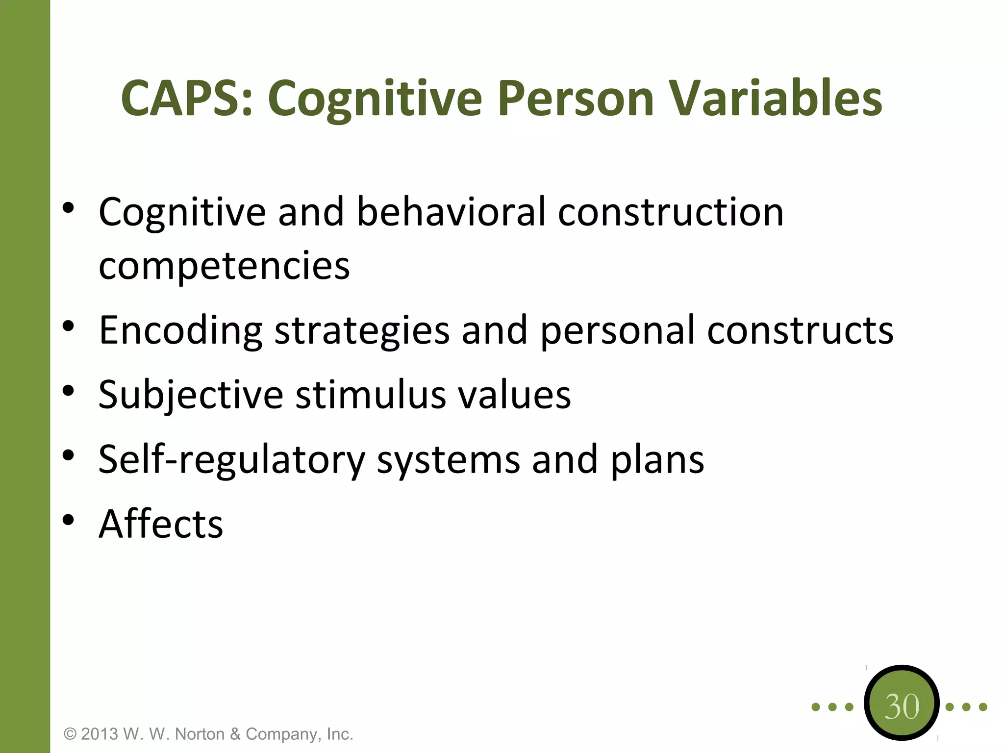 CAPS: Cognitive Person Variables
• Cognitive and behavioral construction
competencies
• Encoding strategies and personal constructs
• Subjective stimulus values
• Self-regulatory systems and plans
• Affects

© 2013 W. W. Norton & Company, Inc.

30

 