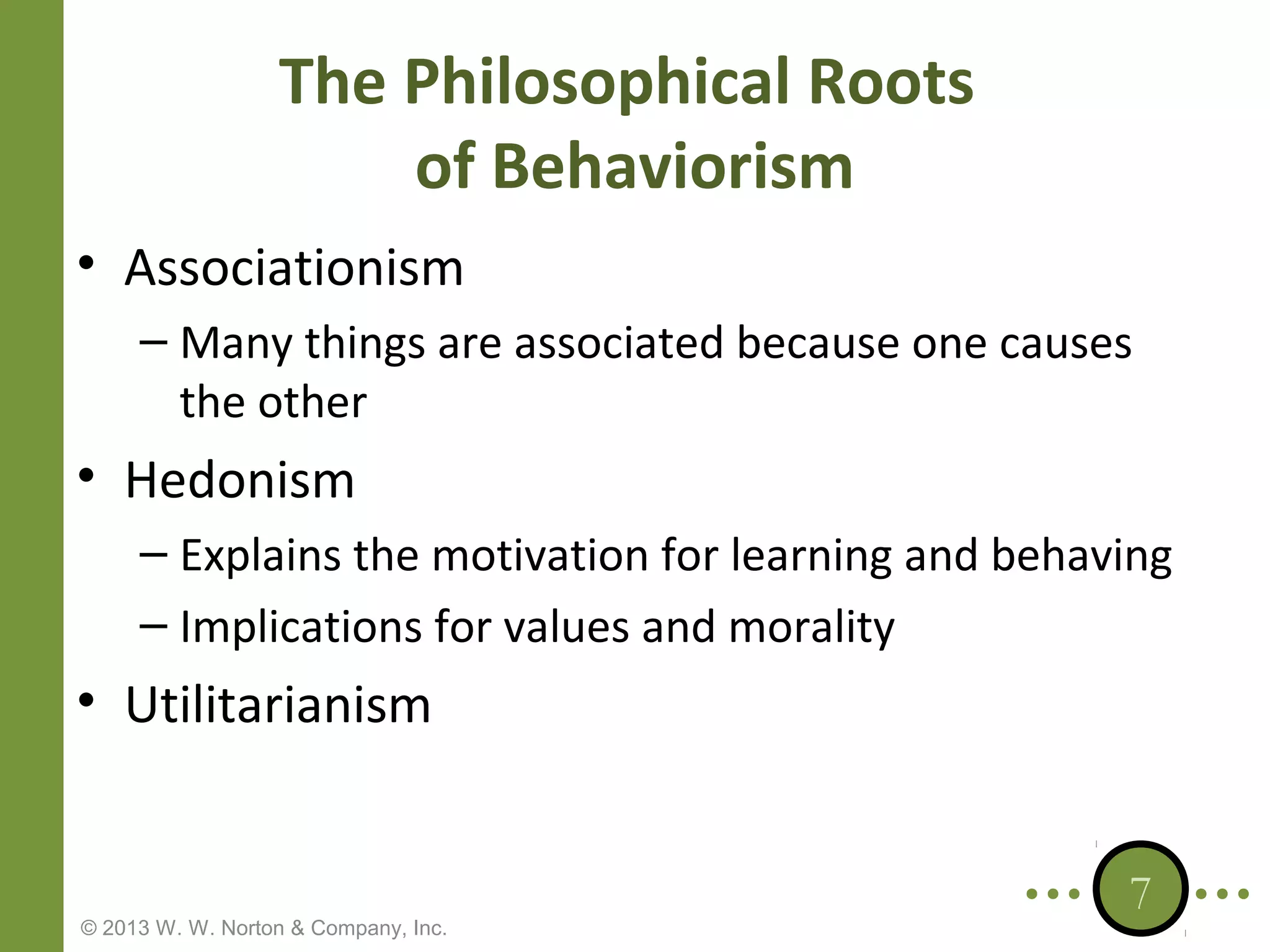 The Philosophical Roots
of Behaviorism
• Associationism
– Many things are associated because one causes
the other

• Hedonism
– Explains the motivation for learning and behaving
– Implications for values and morality

• Utilitarianism

© 2013 W. W. Norton & Company, Inc.

7

 