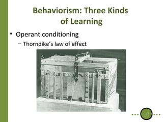 Behaviorism: Three Kinds
of Learning
• Operant conditioning
– Thorndike’s law of effect

10

 
