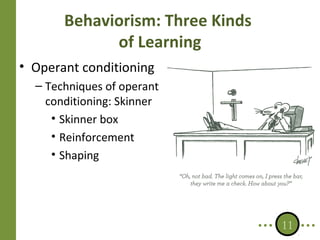 Behaviorism: Three Kinds
of Learning
• Operant conditioning
– Techniques of operant
conditioning: Skinner
• Skinner box
• Reinforcement
• Shaping

11

 