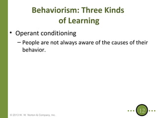 Behaviorism: Three Kinds
of Learning
• Operant conditioning
– People are not always aware of the causes of their
behavior.

© 2013 W. W. Norton & Company, Inc.

12

 