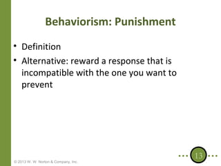 Behaviorism: Punishment
• Definition
• Alternative: reward a response that is
incompatible with the one you want to
prevent

© 2013 W. W. Norton & Company, Inc.

13

 