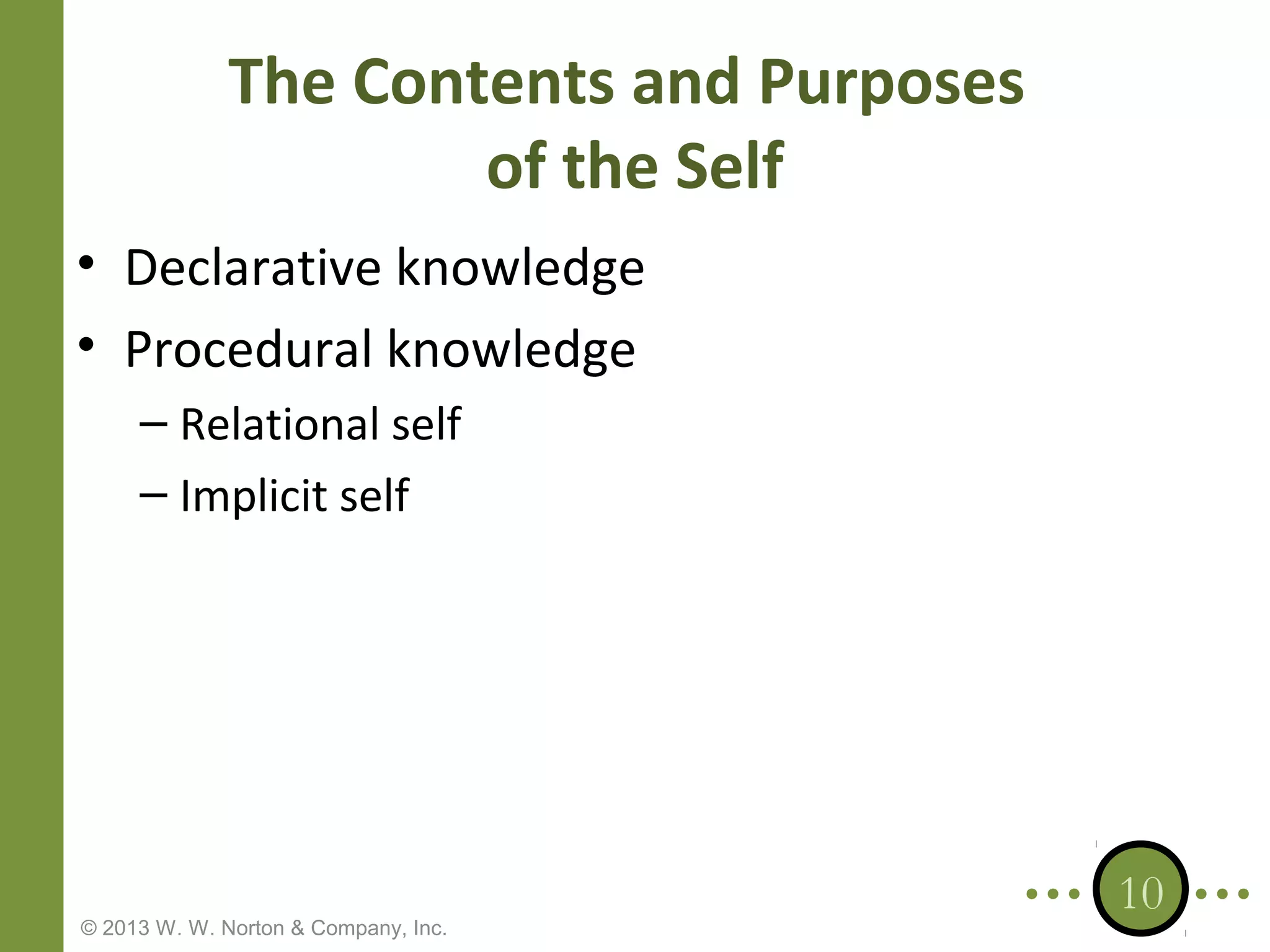The Contents and Purposes
of the Self
• Declarative knowledge
• Procedural knowledge
– Relational self
– Implicit self

© 2013 W. W. Norton & Company, Inc.

10

 