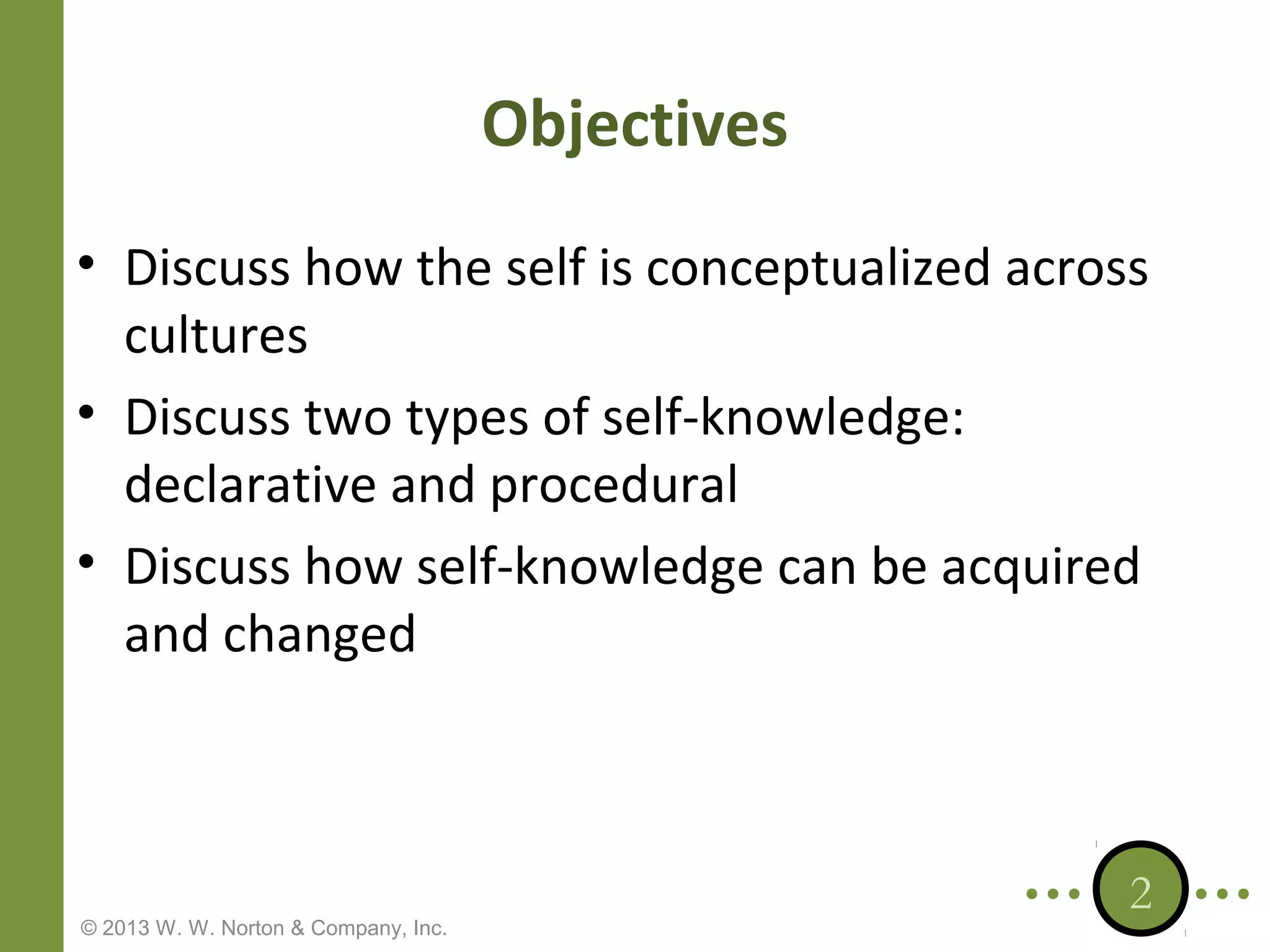 Objectives
• Discuss how the self is conceptualized across
cultures
• Discuss two types of self-knowledge:
declarative and procedural
• Discuss how self-knowledge can be acquired
and changed

© 2013 W. W. Norton & Company, Inc.

2

 