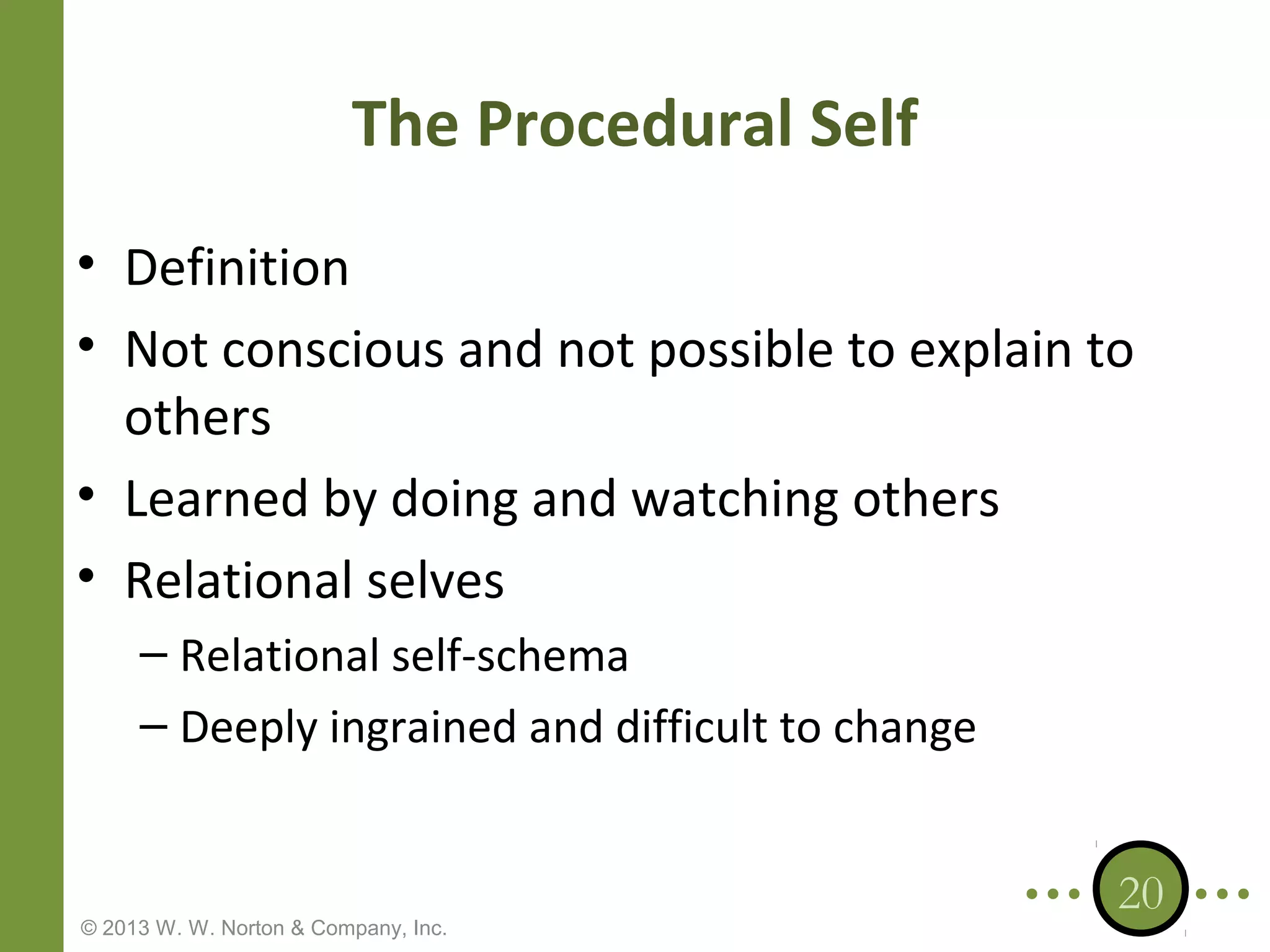 The Procedural Self
• Definition
• Not conscious and not possible to explain to
others
• Learned by doing and watching others
• Relational selves
– Relational self-schema
– Deeply ingrained and difficult to change

© 2013 W. W. Norton & Company, Inc.

20

 