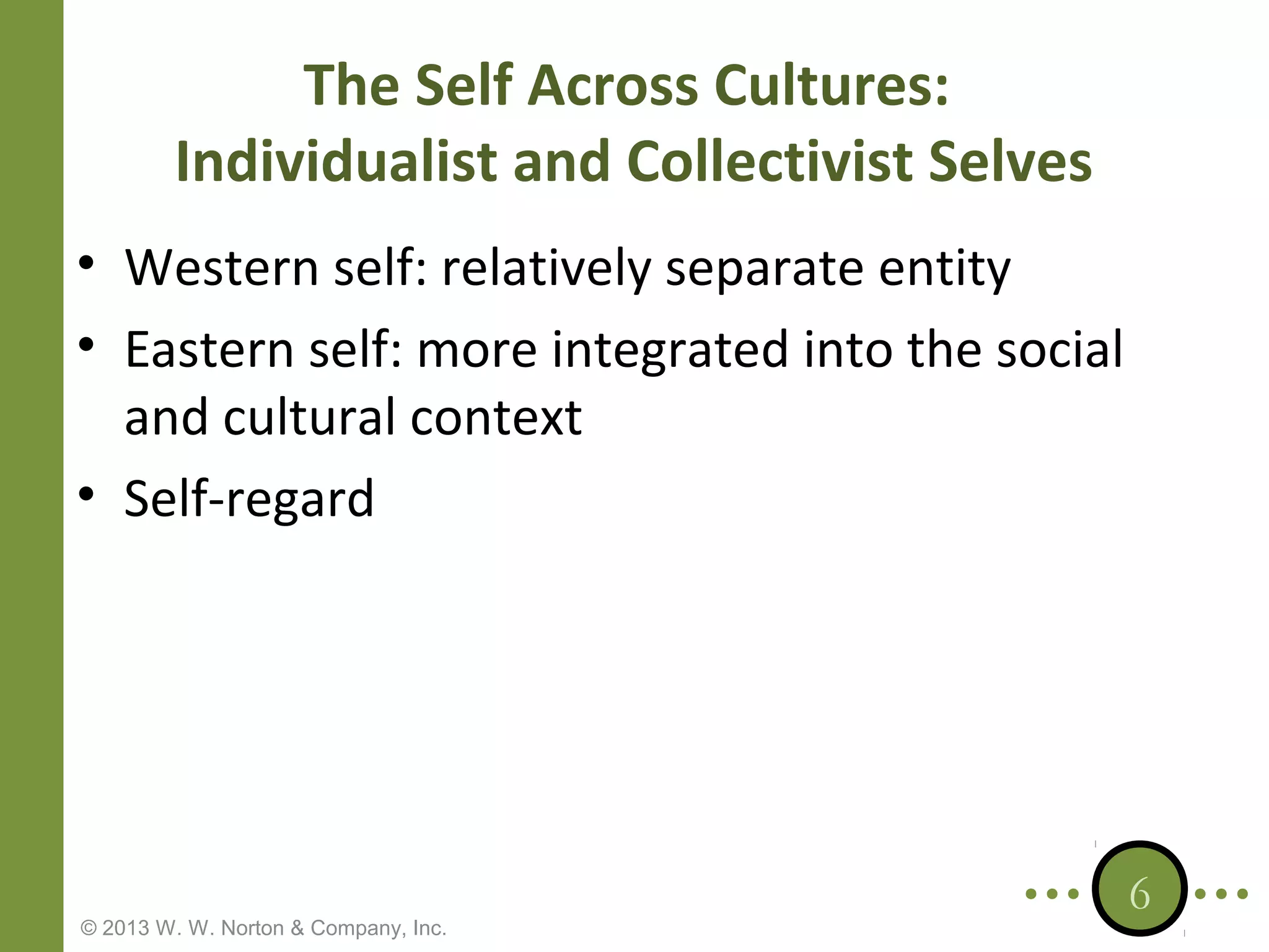 The Self Across Cultures:
Individualist and Collectivist Selves
• Western self: relatively separate entity
• Eastern self: more integrated into the social
and cultural context
• Self-regard

© 2013 W. W. Norton & Company, Inc.

6

 