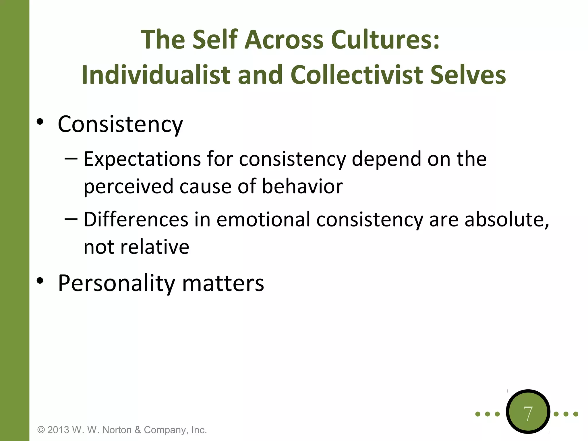 The Self Across Cultures:
Individualist and Collectivist Selves
• Consistency
– Expectations for consistency depend on the
perceived cause of behavior
– Differences in emotional consistency are absolute,
not relative

• Personality matters

© 2013 W. W. Norton & Company, Inc.

7

 