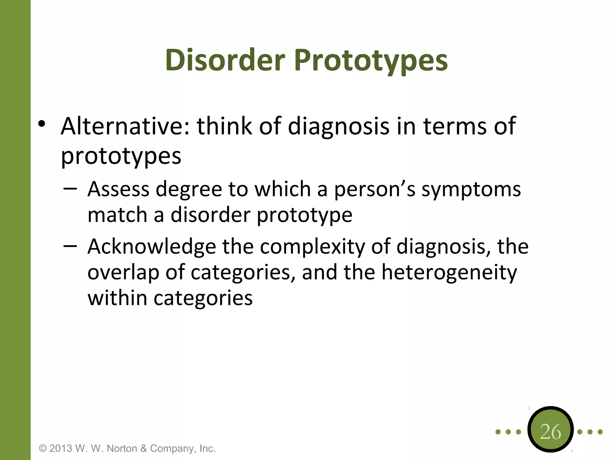 Disorder Prototypes
• Alternative: think of diagnosis in terms of
prototypes
– Assess degree to which a person’s symptoms
match a disorder prototype
– Acknowledge the complexity of diagnosis, the
overlap of categories, and the heterogeneity
within categories

© 2013 W. W. Norton & Company, Inc.

26

 