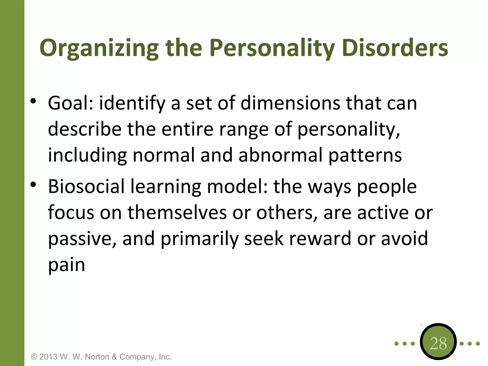 Organizing the Personality Disorders
• Goal: identify a set of dimensions that can
describe the entire range of personality,
including normal and abnormal patterns
• Biosocial learning model: the ways people
focus on themselves or others, are active or
passive, and primarily seek reward or avoid
pain

© 2013 W. W. Norton & Company, Inc.

28

 