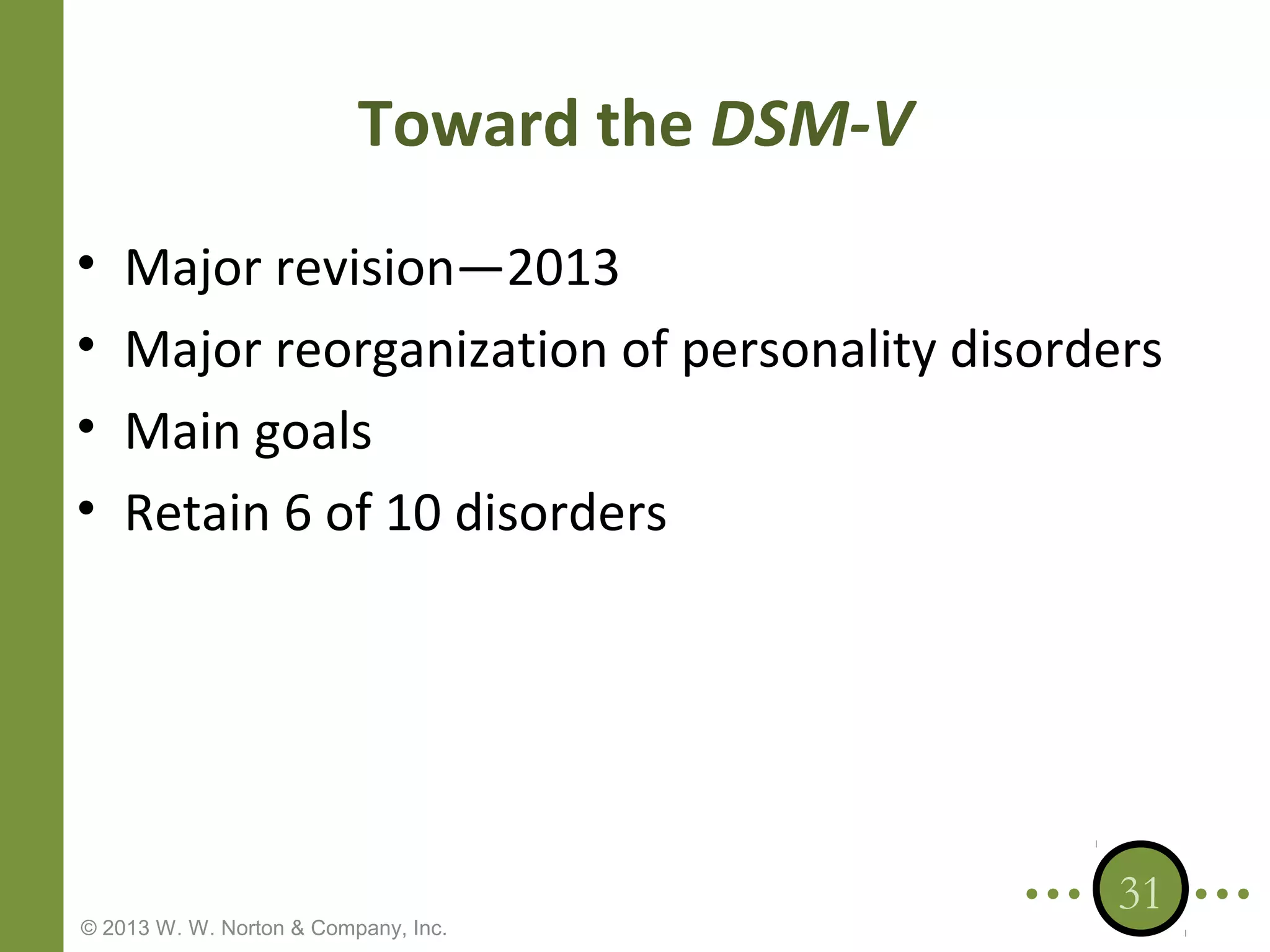 Toward the DSM-V
•
•
•
•

Major revision—2013
Major reorganization of personality disorders
Main goals
Retain 6 of 10 disorders

© 2013 W. W. Norton & Company, Inc.

31

 