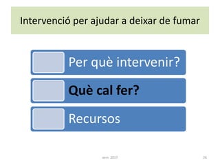 Intervenció per ajudar a deixar de fumar
Per què intervenir?
Què cal fer?
Recursos
26aem 2017
 