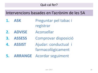 Què cal fer?
Intervencions basades en l’acrònim de les 5A
1. ASK Preguntar pel tabac i
registrar
2. ADVISE Aconsellar
3. ASSESS Comprovar disposició
4. ASSIST Ajudar: conductual i
farmacològicament
5. ARRANGE Acordar seguiment
28aem 2017
 