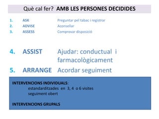 Què cal fer? AMB LES PERSONES DECIDIDES
1. ASK Preguntar pel tabac i registrar
2. ADVISE Aconsellar
3. ASSESS Comprovar disposició
4. ASSIST Ajudar: conductual i
farmacològicament
5. ARRANGE Acordar seguiment
INTERVENCIONS INDIVIDUALS:
estandarditzades en 3, 4 o 6 visites
seguiment obert
INTERVENCIONS GRUPALS
 