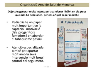 • Pediatria te un paper
molt important en la
captació i motivació
dels progenitors
fumadors i en abordar
el tabaquisme passiu
• Atenció especialitzada
també pot aportar
molt amb la seva
intervenció molt breu i
control del seguiment.
Organització Àrea de Salut de Menorca
Objectiu: generar molts intents per abandonar l'hàbit en els grups
que més ho necessiten, per ells o/i pel paper modèlic
59aem 2017
 