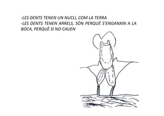 -LES DENTS TENEN UN NUCLI, COM LA TERRA
-LES DENTS TENEN ARRELS, SÓN PERQUÈ S’ENGANXIN A LA
BOCA, PERQUÈ SI NO CAUEN
 