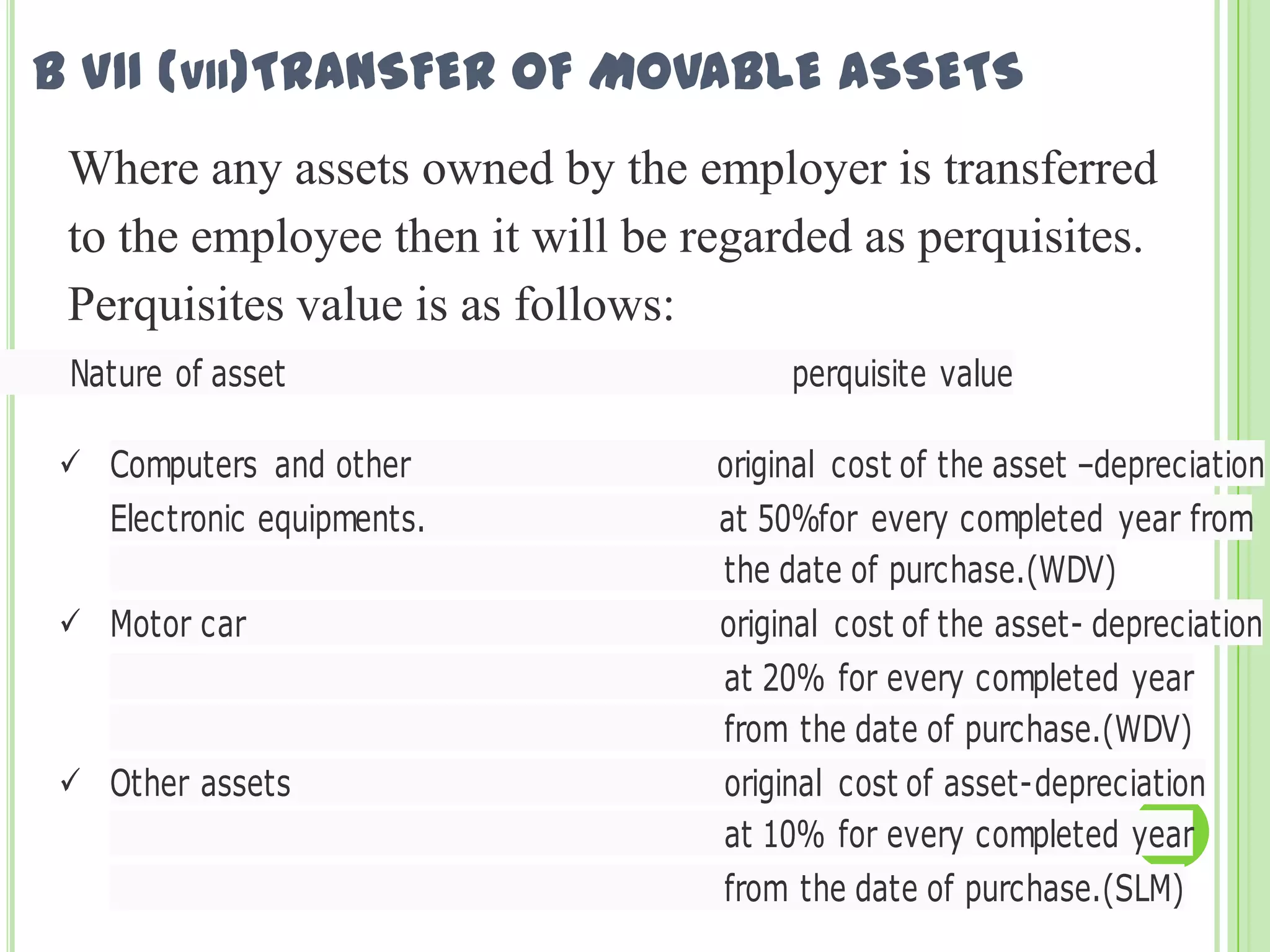 B VII (VII)TRANSFER OF MOVABLE ASSETS
Where any assets owned by the employer is transferred
to the employee then it will be regarded as perquisites.
Perquisites value is as follows:
Nature of asset
 Computers and other
Electronic equipments.
 Motor car

 Other assets

perquisite value
original cost of the asset –depreciation
at 50%for every completed year from
the date of purchase.(WDV)
original cost of the asset- depreciation
at 20% for every completed year
from the date of purchase.(WDV)
original cost of asset-depreciation
at 10% for every completed year
from the date of purchase.(SLM)

 
