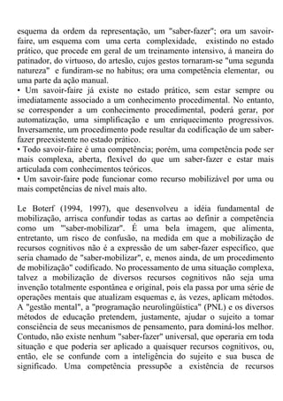esquema da ordem da representação, um "saber-fazer"; ora um savoir-
faire, um esquema com uma certa complexidade, existindo no estado
prático, que procede em geral de um treinamento intensivo, á maneira do
patinador, do virtuoso, do artesão, cujos gestos tornaram-se "uma segunda
natureza" e fundiram-se no habitus; ora uma competência elementar, ou
uma parte da ação manual.
• Um savoir-faire já existe no estado prático, sem estar sempre ou
imediatamente associado a um conhecimento procedimental. No entanto,
se corresponder a um conhecimento procedimental, poderá gerar, por
automatização, uma simplificação e um enriquecimento progressivos.
Inversamente, um procedimento pode resultar da codificação de um saber-
fazer preexistente no estado prático.
• Todo savoir-faire é uma competência; porém, uma competência pode ser
mais complexa, aberta, flexível do que um saber-fazer e estar mais
articulada com conhecimentos teóricos.
• Um savoir-faire pode funcionar como recurso mobilizável por uma ou
mais competências de nível mais alto.
Le Boterf (1994, 1997), que desenvolveu a idéia fundamental de
mobilização, arrisca confundir todas as cartas ao definir a competência
como um "'saber-mobilizar". É uma bela imagem, que alimenta,
entretanto, um risco de confusão, na medida em que a mobilização de
recursos cognitivos não é a expressão de um saber-fazer específico, que
seria chamado de "saber-mobilizar", e, menos ainda, de um procedimento
de mobilização" codificado. No processamento de uma situação complexa,
talvez a mobilização de diversos recursos cognitivos não seja uma
invenção totalmente espontânea e original, pois ela passa por uma série de
operações mentais que atualizam esquemas e, às vezes, aplicam métodos.
A "gestão mental", a "programação neurolingüística" (PNL) e os diversos
métodos de educação pretendem, justamente, ajudar o sujeito a tomar
consciência de seus mecanismos de pensamento, para dominá-los melhor.
Contudo, não existe nenhum "saber-fazer" universal, que operaria em toda
situação e que poderia ser aplicado a quaisquer recursos cognitivos, ou,
então, ele se confunde com a inteligência do sujeito e sua busca de
significado. Uma competência pressupõe a existência de recursos
 