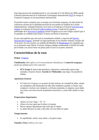 Este largo proceso de estandarización se vio coronado el 21 de febrero de 2006 cuando
el Bureau Internacional de la Federation Cynologique Internationale (FCI) le otorga al
Cimarrón Uruguayo el reconocimiento internacional.
El primitivo perro cimarrón, por su arraigo en el territorio uruguayo, ha sido desde los
comienzos mismos de la identidad nacional de este pueblo un símbolo de la lucha
independentista, reflejada fielmente en la misiva enviada por el General José Gervasio
Artigas en respuesta al General Carlos Federico Lecor, Conde de la Laguna y
gobernador de la Provincia Cisplatina (actual Uruguay) en la cual Artigas expresó que si
se quedaba sin soldados para luchar, lo haría con Perros Cimarrones.
Es por esta tradición que esta raza es actualmente símbolo y mascota del Ejército
Nacional del Uruguay, teniendo un lugar preferente en los desfiles militares anuales del
18 de julio. En esta ocasión, un soldado del Batallón de Blandengues (la compañía que
en su momento supo liderar el mismo Artigas) cabalga encabezando el desfile llevando
por la brida a un corcel moro sin jinete junto al cual va un perro cimarrón.
Características de la raza
Origen: Uruguay3
Clasificación (Solo aplica en el reconocimiento obtenido por el cimarrón uruguayo;
puede que aplique para otras especies)
• FCI: Grupo 2: perros tipo pinschers, schnauzers, molosoides, perros tipo
montaña y boyeros Suizos. Sección 2.1 Molosoides, tipo dogo. Sin prueba de
trabajo.
Apariencia General:
• El Cimarrón Uruguayo es un perro de tipo moloso, de variedad de tallas; siéndo
sus ejemplares más destacados de talla entre mediana a grande; es fuerte, muy
compacto e incluso casi compacto, con buena osamenta, en algunos casos dados
sus cruces con otras raza de corpulatura musculosa; y como todo cánido es muy
ágil.
Proporciones Importantes:
• Altura a la cruz: largo = 10 : 11
• Altura a la cruz igual que la altura a la grupa.
• Hocico apenas ligeramente más corto que el cráneo.
• La altura del piso al codo y del codo a la cruz debe ser igual.
Temperamento:
• Es equilibrado, astuto, muy atento; y de gran coraje.
Tamaño y Peso: (Altura a la cruz)
 