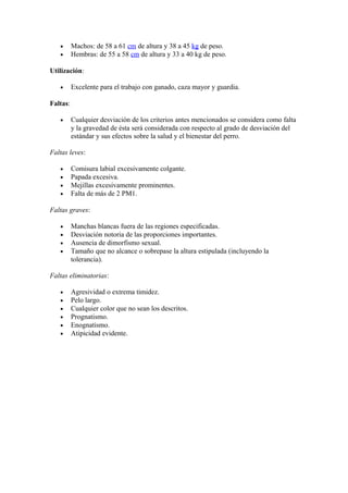 • Machos: de 58 a 61 cm de altura y 38 a 45 kg de peso.
• Hembras: de 55 a 58 cm de altura y 33 a 40 kg de peso.
Utilización:
• Excelente para el trabajo con ganado, caza mayor y guardia.
Faltas:
• Cualquier desviación de los criterios antes mencionados se considera como falta
y la gravedad de ésta será considerada con respecto al grado de desviación del
estándar y sus efectos sobre la salud y el bienestar del perro.
Faltas leves:
• Comisura labial excesivamente colgante.
• Papada excesiva.
• Mejillas excesivamente prominentes.
• Falta de más de 2 PM1.
Faltas graves:
• Manchas blancas fuera de las regiones especificadas.
• Desviación notoria de las proporciones importantes.
• Ausencia de dimorfismo sexual.
• Tamaño que no alcance o sobrepase la altura estipulada (incluyendo la
tolerancia).
Faltas eliminatorias:
• Agresividad o extrema timidez.
• Pelo largo.
• Cualquier color que no sean los descritos.
• Prognatismo.
• Enognatismo.
• Atipicidad evidente.
 