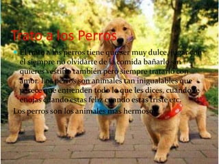 Trato a los Perros
 El trato a los perros tiene que ser muy dulce, jugar con
el siempre no olvidarte de la comida bañarlo sin
quieres vestirlo también pero siempre tratarlo con
amor. Los perros son animales tan inigualables que
parece que entienden todo lo que les dices, cuando te
enojas cuando estas feliz cuando estas triste etc.
Los perros son los animales mas hermosos.
 