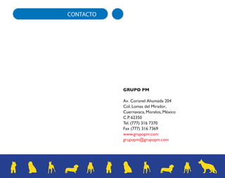 CONTACTO 
GRUPO PM 
Av. Coronel Ahumada 204 
Col. Lomas del Mirador, 
Cuernavaca, Morelos, México 
C.P. 62350 
Tel. (777) 316 7370 
Fax (777) 316 7369 
www.grupopm.com 
grupopm@grupopm.com 
