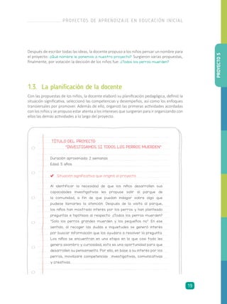 Después de escribir todas las ideas, la docente propuso a los niños pensar un nombre para
el proyecto: ¿Qué nombre le ponemos a nuestro proyecto? Surgieron varias propuestas,
finalmente, por votación la decisión de los niños fue: ¿Todos los perros muerden?
1.3.	 La planificación de la docente
Con las propuestas de los niños, la docente elaboró su planificación pedagógica, definió la
situación significativa, seleccionó las competencias y desempeños, así como los enfoques
transversales por promover. Además de ello, organizó las primeras actividades acordadas
con los niños y se propuso estar atenta a los intereses que surgieran para ir organizando con
ellos las demás actividades a lo largo del proyecto.
Duración aproximada: 2 semanas
Edad: 5 años
	 Situación significativa que originó el proyecto
Al identificar la necesidad de que los niños desarrollen sus
capacidades investigativas les propuse salir al parque de
la comunidad, a fin de que puedan indagar sobre algo que
pudiese llamarles la atención. Después de la visita al parque,
los niños han mostrado interés por los perros y han planteado
preguntas e hipótesis al respecto: ¿Todos los perros muerden?
“Solo los perros grandes muerden y los pequeños no”. En ese
sentido, al recoger las dudas e inquietudes se generó interés
por buscar información que los ayudara a resolver la pregunta.
Los niños se encuentran en una etapa en la que casi todo les
genera asombro y curiosidad; esta es una oportunidad para que
desarrollen su pensamiento. Por ello, en base a su interés por los
perros, movilizaré competencias investigativas, comunicativas
y creativas.
TÍTULO DEL PROYECTO:
“INVESTIGAMOS SI TODOS LOS PERROS MUERDEN”
PROYECTO5
PROYECTOS DE APRENDIZAJE EN EDUCACIÓN INICIAL
19
 